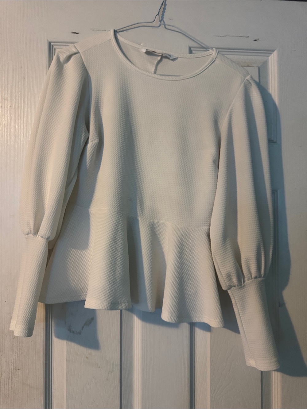Textured Cream Peplum Puff-Sleeve Blouse